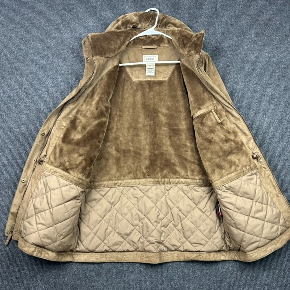 LL Bean Women's Small Faux Suede Hooded Jacket Brown Plush Full Zip Snaps - Picture 6 of 16